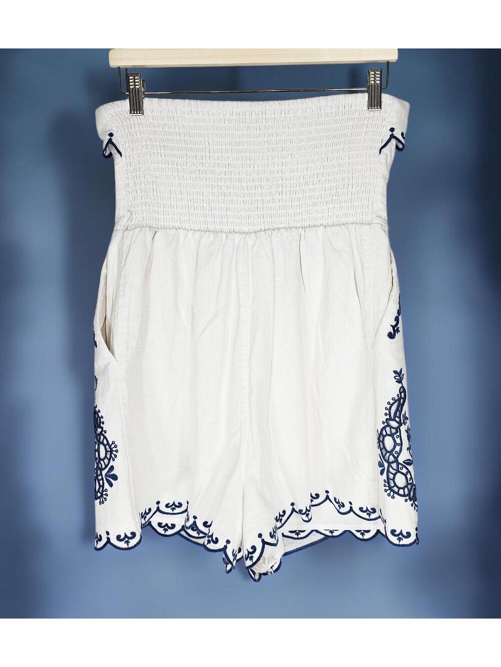Caroline Constas White Navy Embroidered Linen Strapless Romper-XS No Belt/Straps - Picture 6 of 11